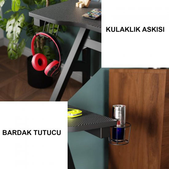 87051 Mdf 140x60 Siyah Karbon Profesyonel Oyuncu Masası Çalışma Masası Bilgisayar Masası Ders